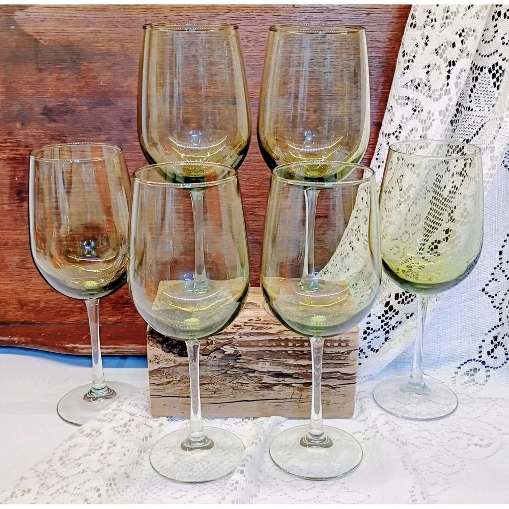 Set of 6 Olive Green Tinted Wine Glasses Long Stem Clear Base 9 Inch 2.75 Rim